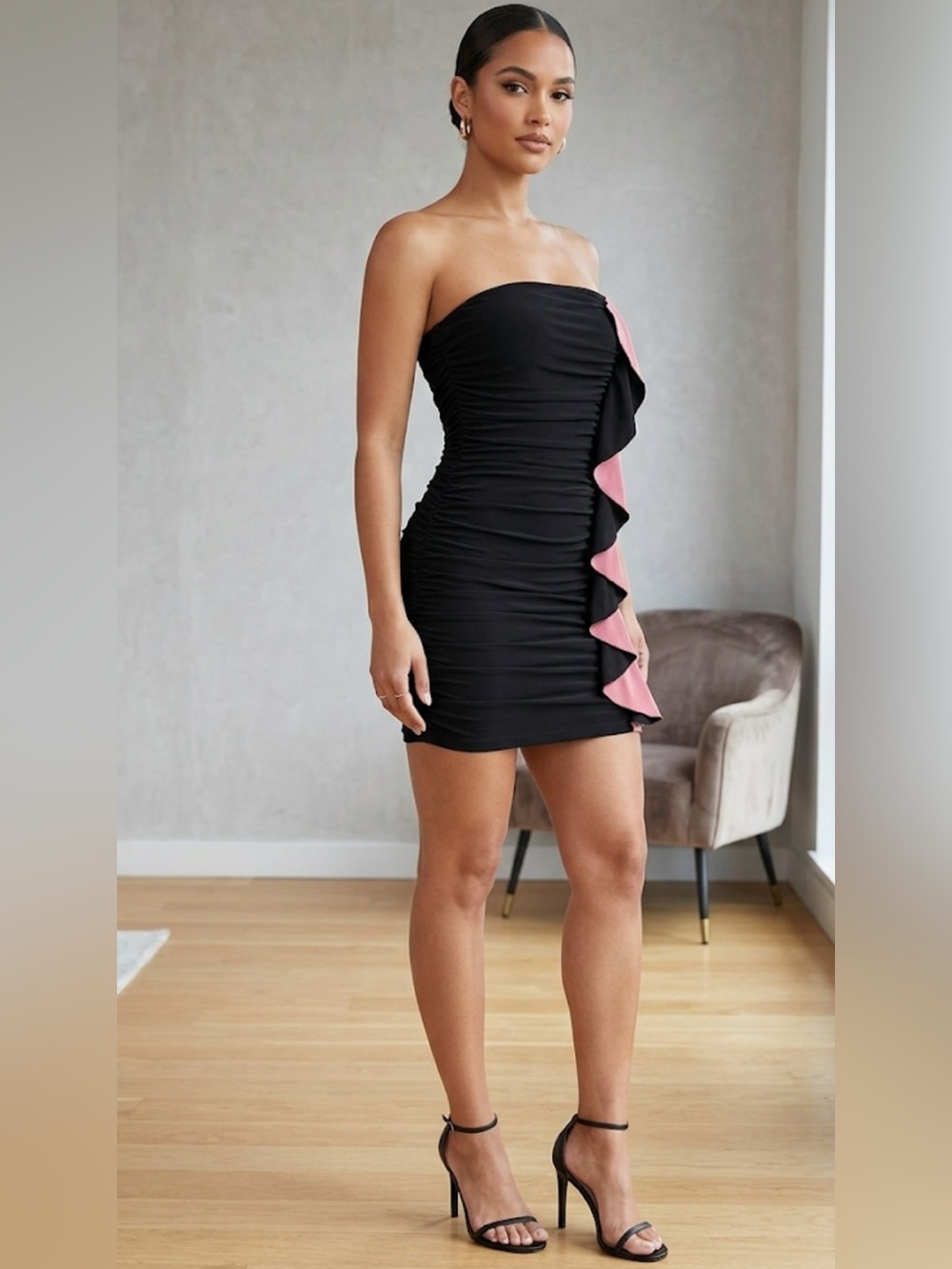 Charlotte Russe Black and Pink Ruffle Accent Mini Dress